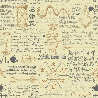 Ortaçağ eski el yazmaları biçiminde şifrelenmiş sembollerle simya formülü biçiminde kusursuz bir dokunun vektör görüntüsü
