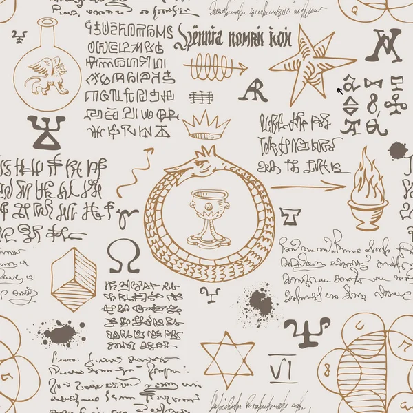 具有中世纪手稿图形风格的加密符号的炼金术公式形式的无缝纹理矢量图像 — 图库矢量图片