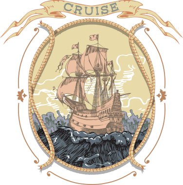 vector image of the emblem of sea voyages, regattas, cruises in the style of retro graphic line art