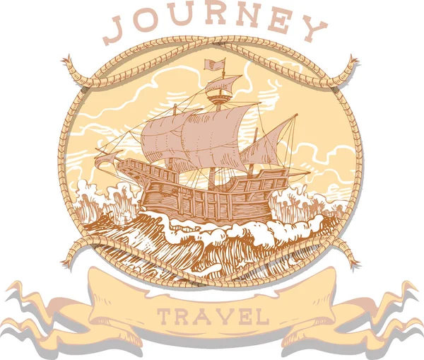 海の航海 レガッタ クルーズの紋章のベクトル画像レトログラフィックラインアート — ストックベクタ