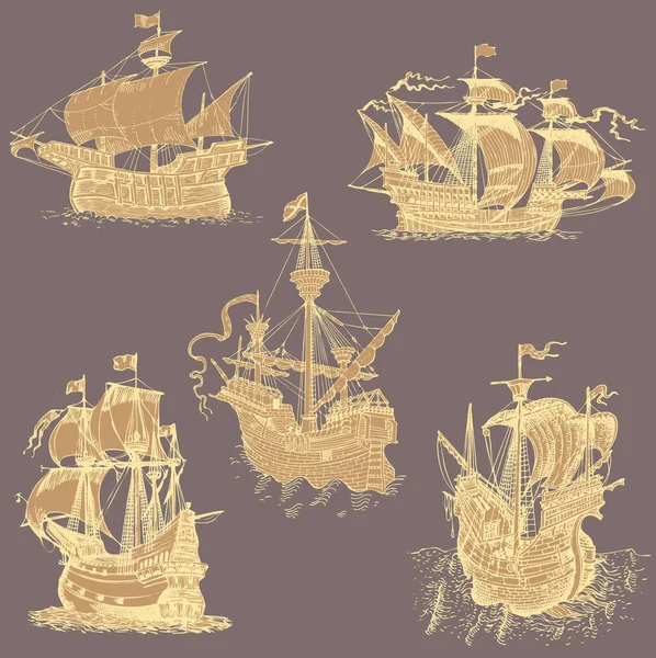 Vector Set Vintage Ships Style Medieval Engraving — Stock Vector
