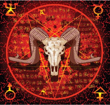 Vektör görüntüsü, boynuzlu kafatası gülleri olan pentagram motorcu çizgileri ve dövmeleri tarzında hançerler.