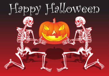 vector image of a pumpkin and skeletons with the inscription happy happy halloween in cartoon style