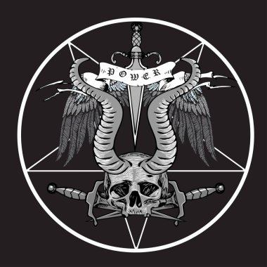 Vector image, pentagram with horned skull roses daggers in the style of biker stripes and tattoos