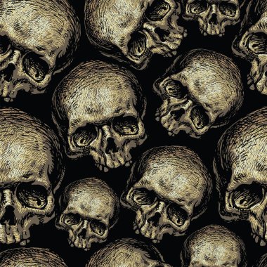 vector image of seamless texture with skulls on black background