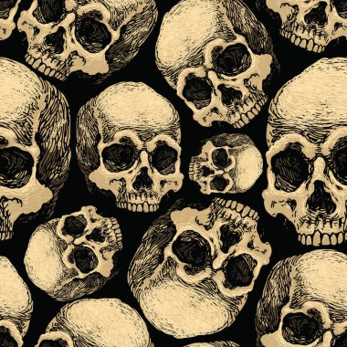 vector image of seamless texture with skulls on black background