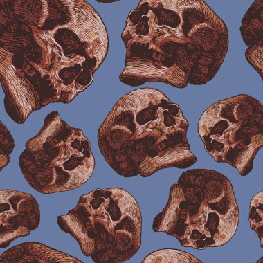 Vector image of a dense texture with skulls on a dark background