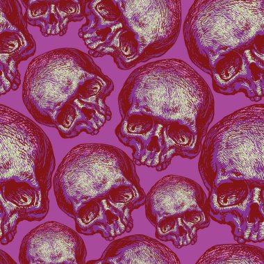 Vector image of a dense texture with skulls on a dark background