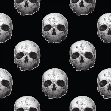 Vector image of a dense texture with skulls on a dark background