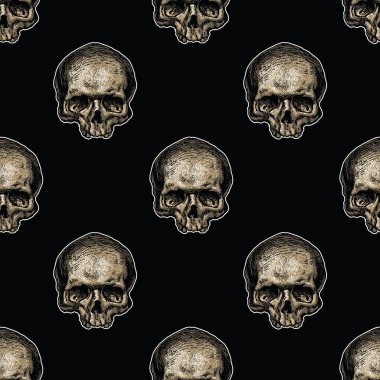 Vector image of a dense texture with skulls on a dark background