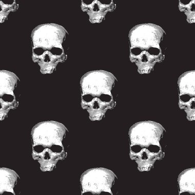 Vector image of a dense texture with skulls on a dark background