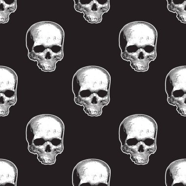Vector image of a dense texture with skulls on a dark background