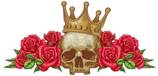 Vector Image Vintage Skull Crown Roses Tattoo Style — Vector de stock