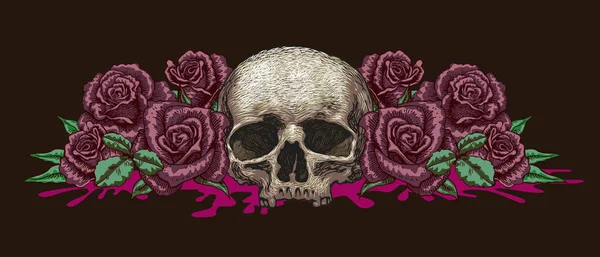 Vector Image Vintage Skull Crown Roses Tattoo Style — Vetor de Stock