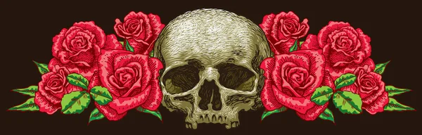 Vector Image Vintage Skull Crown Roses Tattoo Style — Vetor de Stock