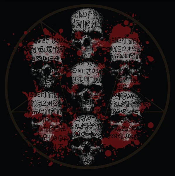 Vector Image Skulls Background Blood Pentagrams Runes Carved Skulls — Vetor de Stock
