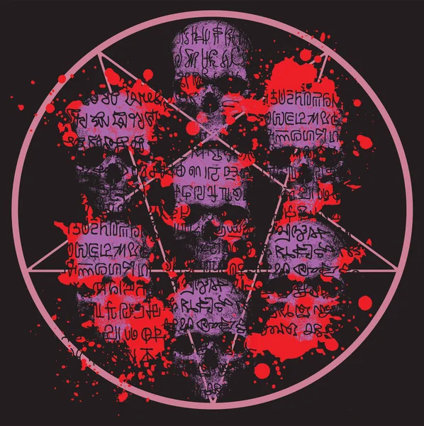 Vector Image Skulls Background Blood Pentagrams Runes Carved Skulls — Vettoriale Stock