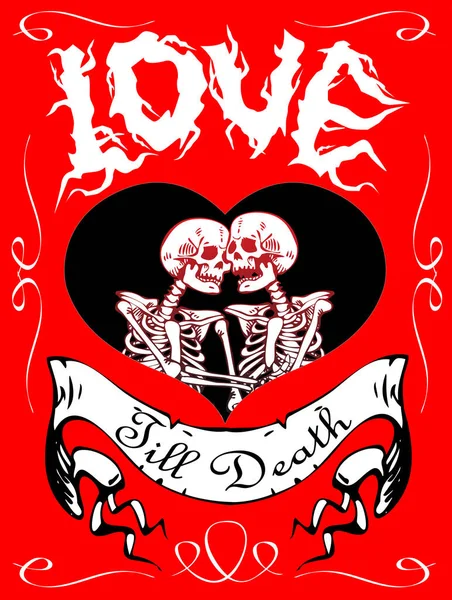 Vector Image Heart Hugging Skeletons Lovers Inscription Style Cartoon Tattoo —  Vetores de Stock