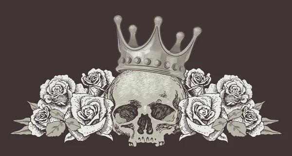 Vector Image Vintage Skull Crown Roses Tattoo Style —  Vetores de Stock