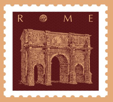 Vector image of a postage stamp with a Roman monument arch, made in a graphic style.