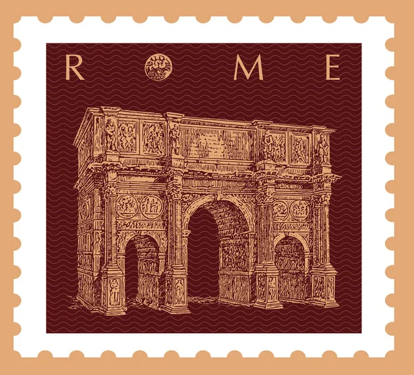 Vector image of a postage stamp with a Roman monument arch, made in a graphic style.