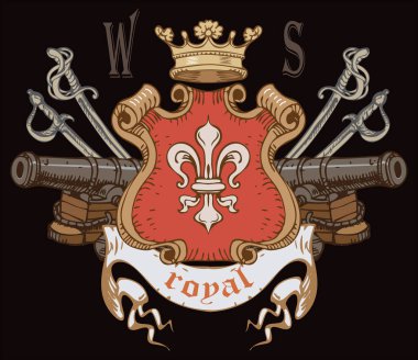 vector image of a medieval coat of arms with knights in armor, ancient style graphics