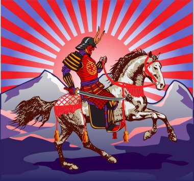vector image of a samurai on horseback on the background of the rising sun in the style of vintage Asian graphics