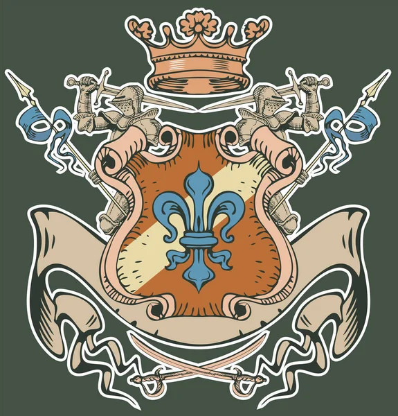 Imagen Vectorial Escudo Armas Medieval Con Caballeros Armadura Gráficos Estilo — Vector de stock