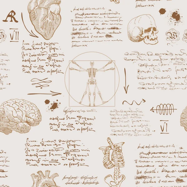 Wektorowy Obraz Bezszwowego Teksturalnego Tła Stylu Notatek Pamiętnika Anatomisty Naukowca — Wektor stockowy
