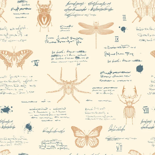 stock vector vector image of a seamless textured background in the style of notes from an entomologist diary with sketches, formulas and notes and sketches of insects