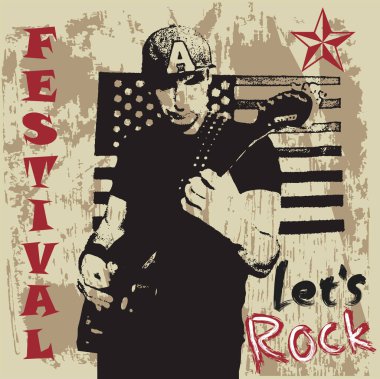 vector image of poster of american country rock music festival with guitar player playing guitar on bright textures