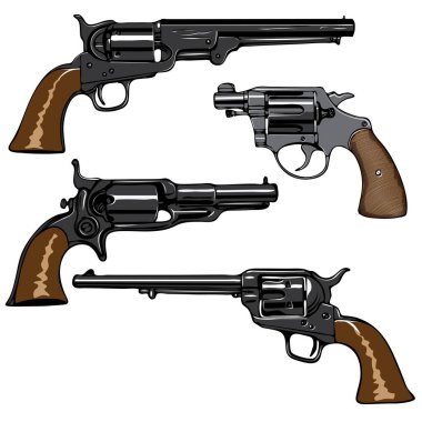Vector image of a set of old revolver pistols in cartoon style