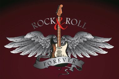 Kanatlı bir gitarın vektör görüntüsü ve grafiksel çizim tarzında rock and roll yazıtı.