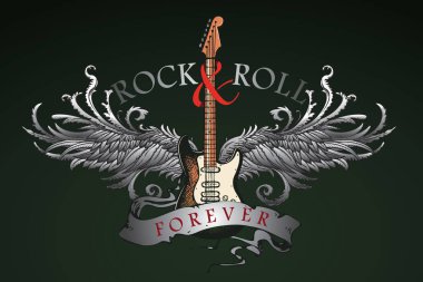 Kanatlı bir gitarın vektör görüntüsü ve grafiksel çizim tarzında rock and roll yazıtı.