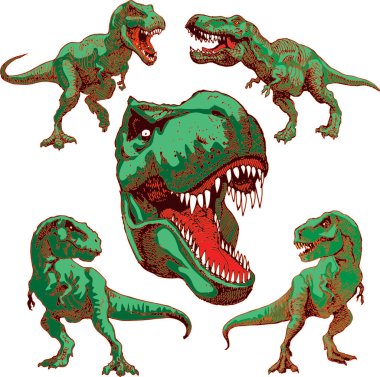 Vector image of a set of dinosaurs in the style of art outline
