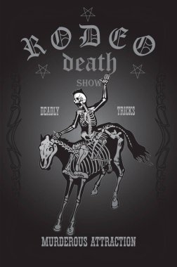 vector image of a cowboy skeleton on a skeleton horse in a poster style