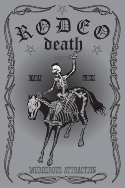 vector image of a cowboy skeleton on a skeleton horse in a poster style