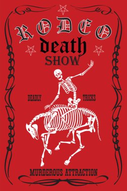 vector image of a cowboy skeleton on a skeleton horse in a poster style