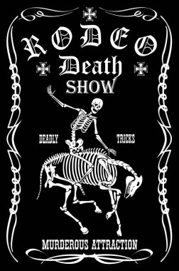 vector image of a cowboy skeleton on a skeleton horse in a poster style