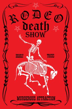 vector image of a cowboy skeleton on a skeleton horse in a poster style