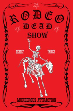 vector image of a cowboy skeleton on a skeleton horse in a poster style