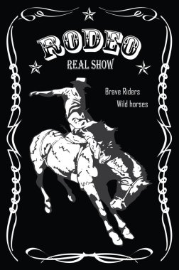Vector banner poster with a cowboy horseman sitting on a wild horse mustang and the inscription rodeo on the background of wooden boards in retro style