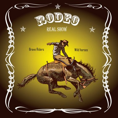 Vector banner poster with a cowboy horseman sitting on a wild horse mustang and the inscription rodeo on the background of wooden boards in retro style