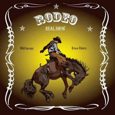 Vector banner poster with a cowboy horseman sitting on a wild horse mustang and the inscription rodeo on the background of wooden boards in retro style