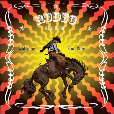 Vector banner poster with a cowboy horseman sitting on a wild horse mustang and the inscription rodeo on the background of wooden boards in retro style