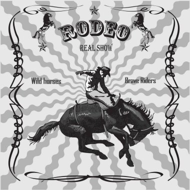 Vector banner poster with a cowboy horseman sitting on a wild horse mustang and the inscription rodeo on the background of wooden boards in retro style