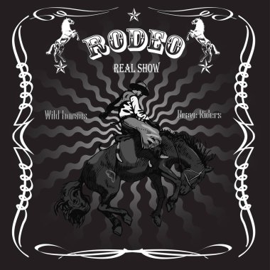 Vector banner poster with a cowboy horseman sitting on a wild horse mustang and the inscription rodeo on the background of wooden boards in retro style