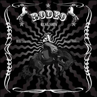 Vector banner poster with a cowboy horseman sitting on a wild horse mustang and the inscription rodeo on the background of wooden boards in retro style