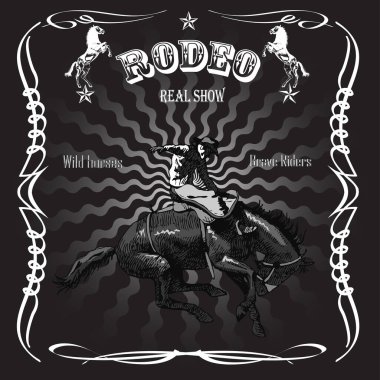 Vector banner poster with a cowboy horseman sitting on a wild horse mustang and the inscription rodeo on the background of wooden boards in retro style