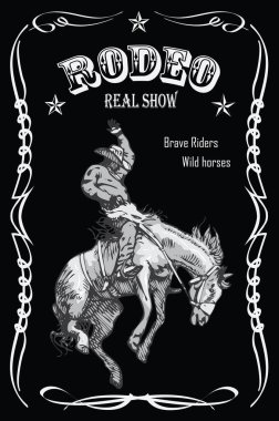 Vector banner poster with a cowboy horseman sitting on a wild horse mustang and the inscription rodeo on the background of wooden boards in retro style